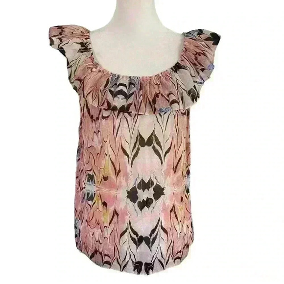 J Crew Women’s Blouse Size M Pink Black Cotton Silk Ruffle Neckline Flowy Boho - Picture 1 of 10